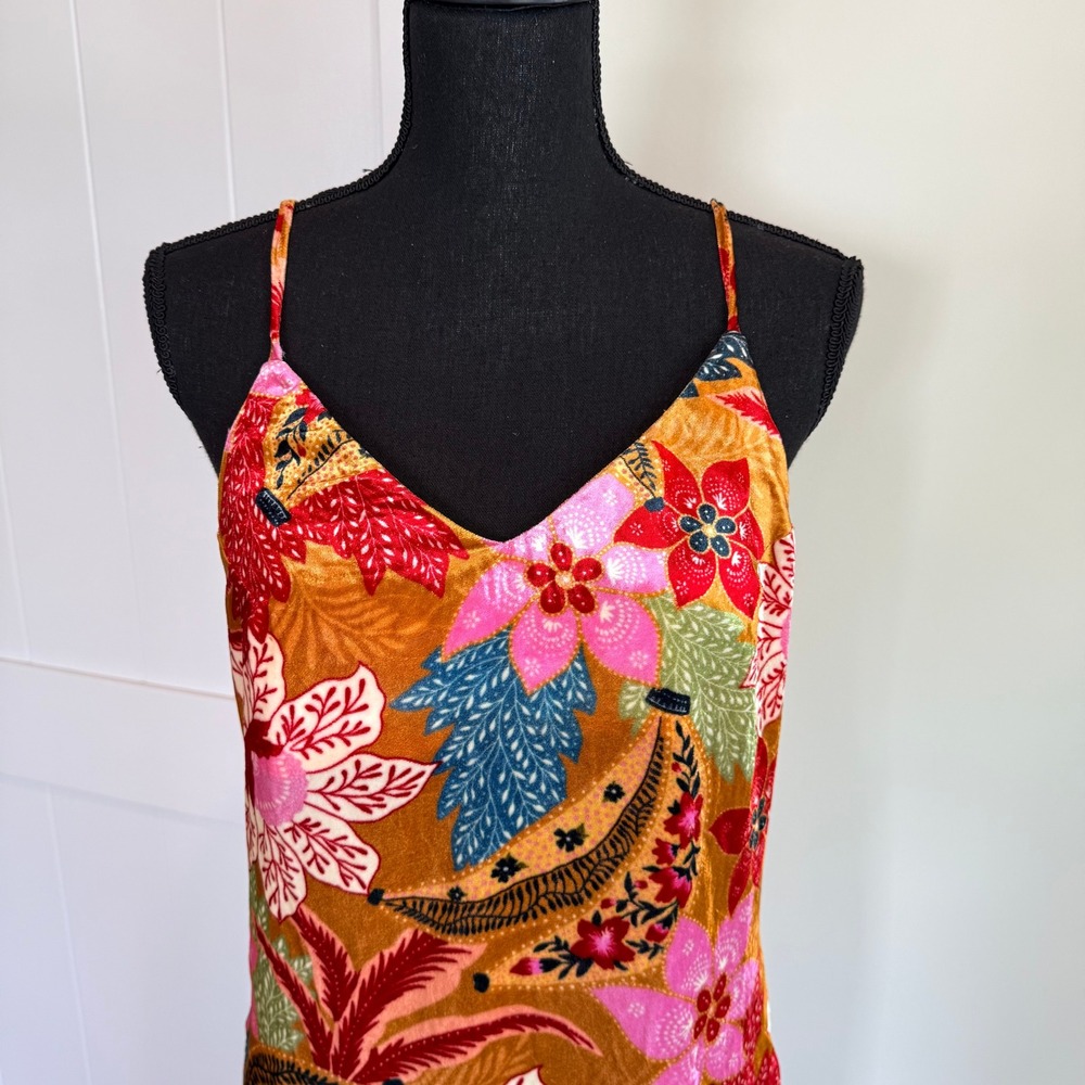 FARM Rio Banana Floral Velvet Midi Dress Small Orange Pink Tropical Slit Slip S - Picture 2 of 7